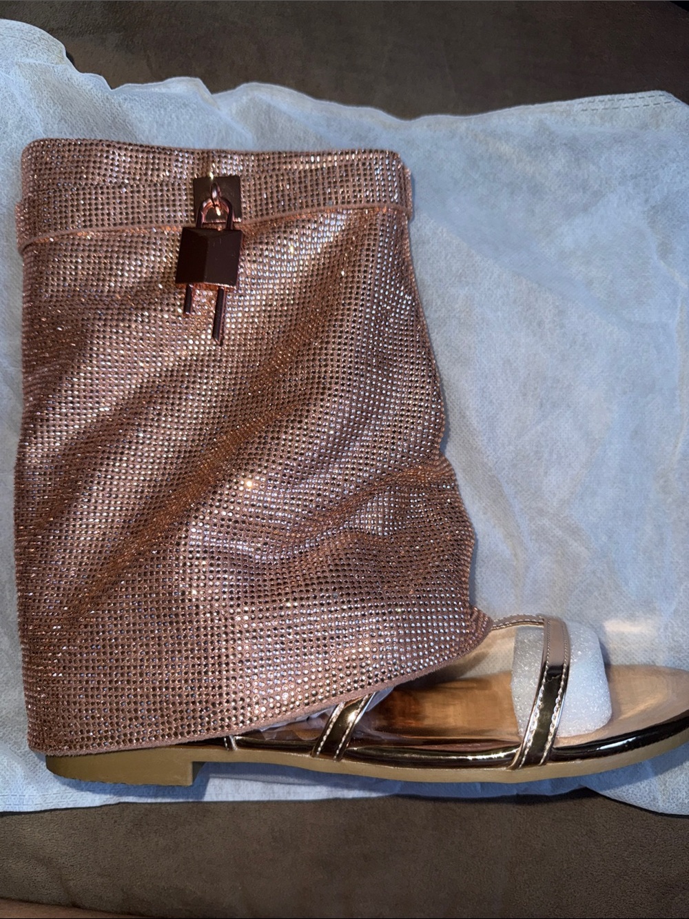 Womens Rose Gold Crystal Mesh Flat Sandal Boot